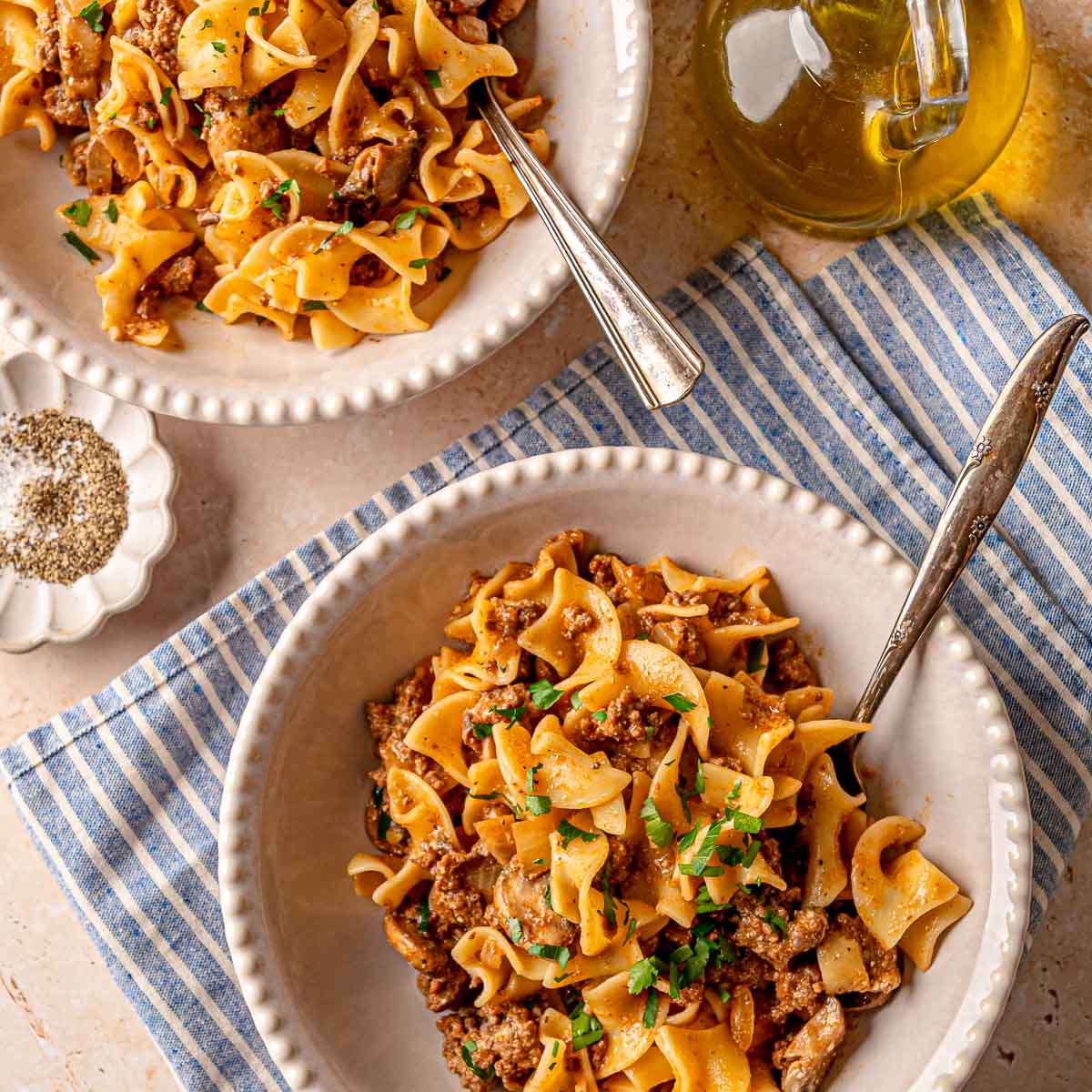 No Sour Cream Ground Beef Stroganoff with Greek Yogurt